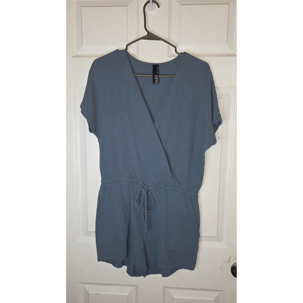 Bobi Los Angeles Blue Gauze Romper Surplice V-Neck Drawstring Waist Small